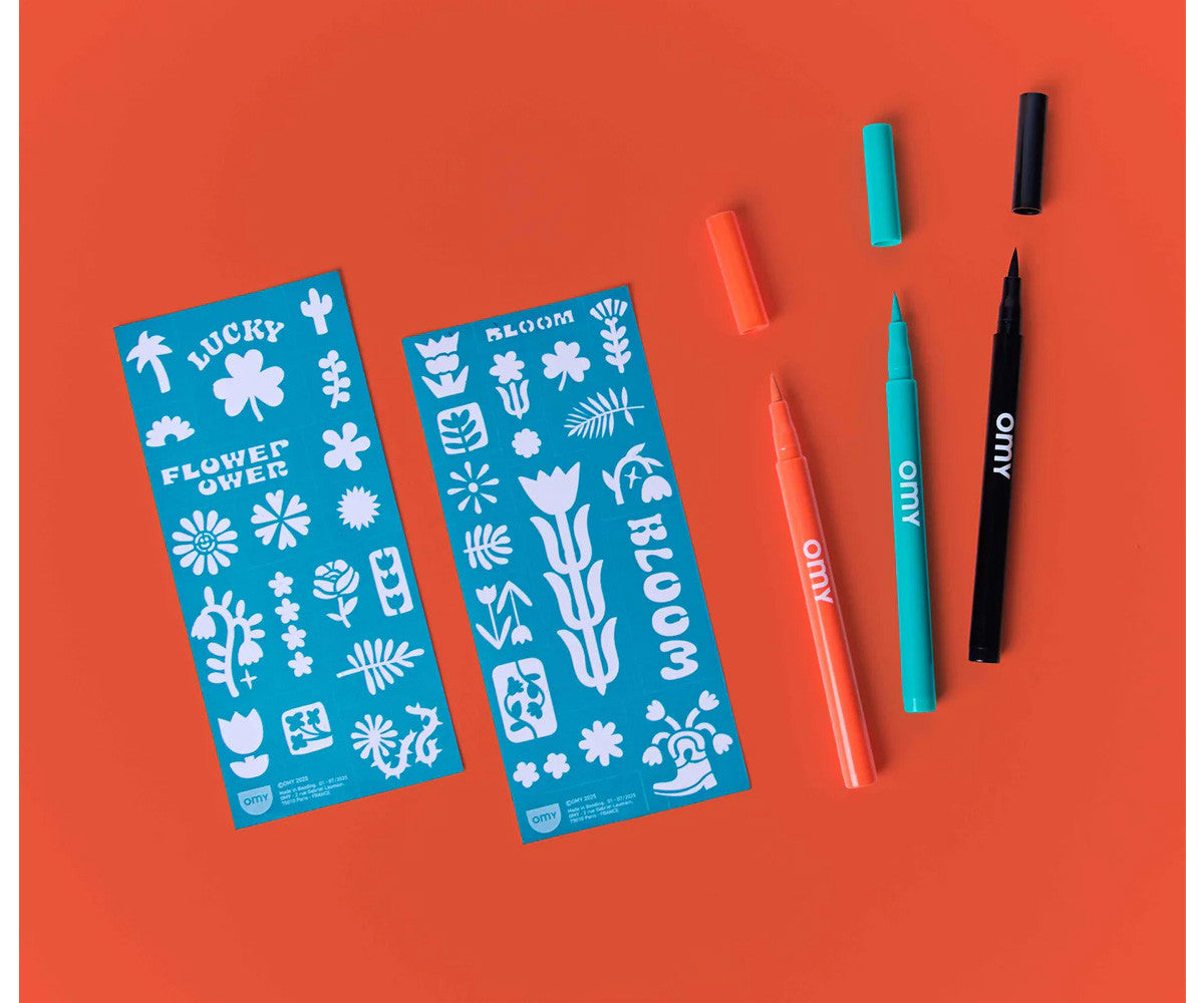 Kit de tatuagens temporárias com marcadores de tinta e stencil