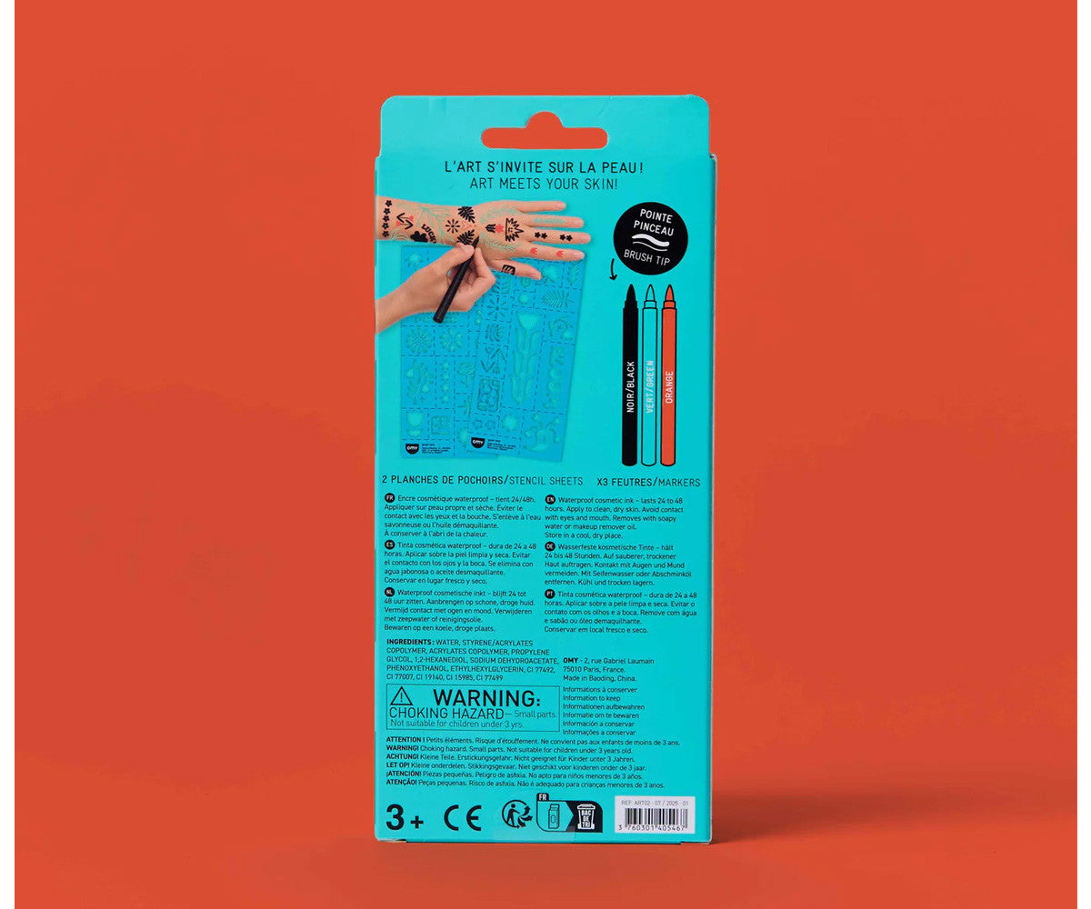 Kit de tatuagens temporárias com marcadores de tinta e stencil