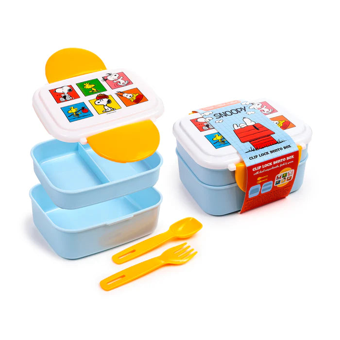 Lancheira Bento com fecho clip e talheres - Peanuts Snoopy & Woodstock